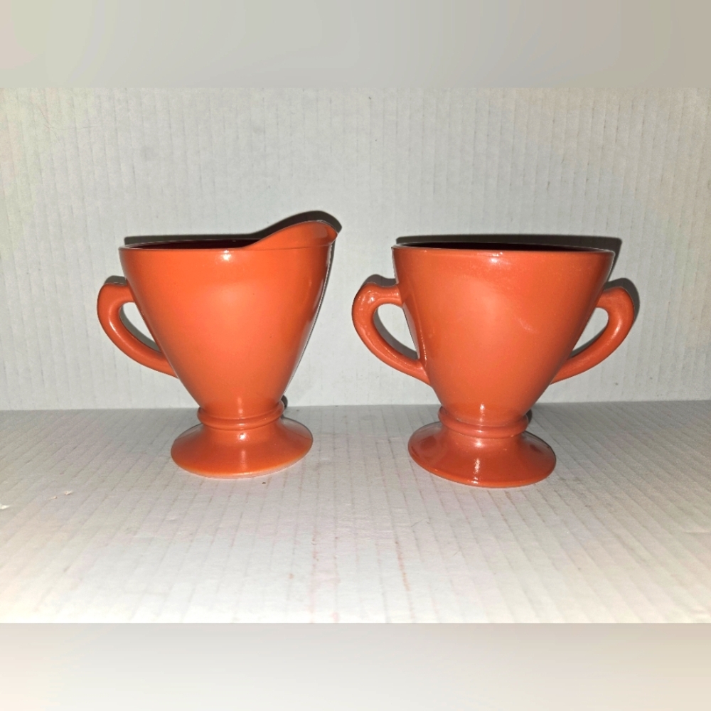 Hazel Atlas Creamer and Sugar Bowl Set Ovide Rust Pattern Platonite Vintage